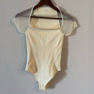 OQQ Cream Bodysuit with Sheer Sleeves
